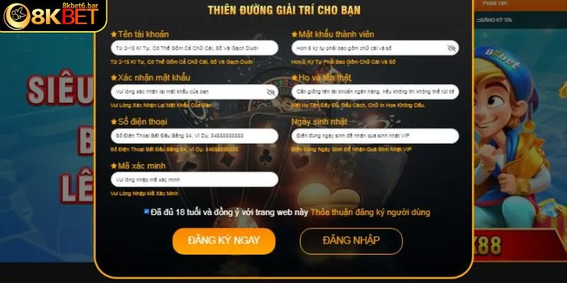 Thực hiện đăng ký 8KBET trên máy tính/PC